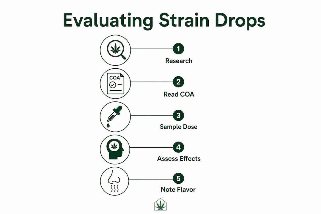 Infographic illustrating steps to evaluate cannabis strain drops