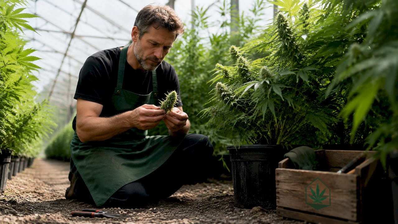 Cannabis grower examining bud in greenhouse setting