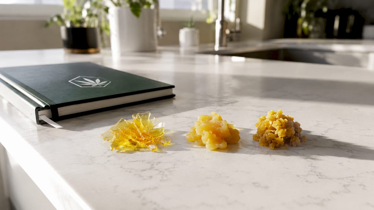Close-up of different cannabis concentrate textures