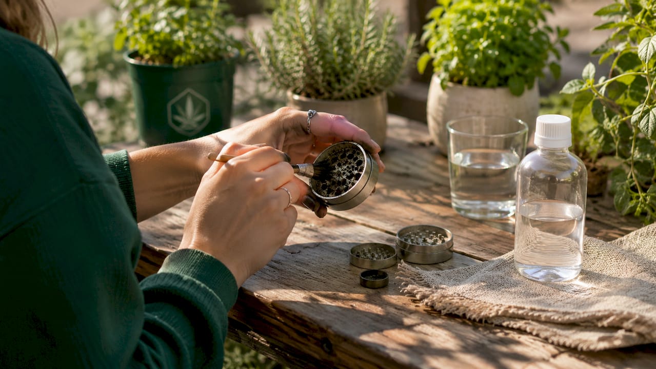 Hands cleaning a cannabis grinder over sink