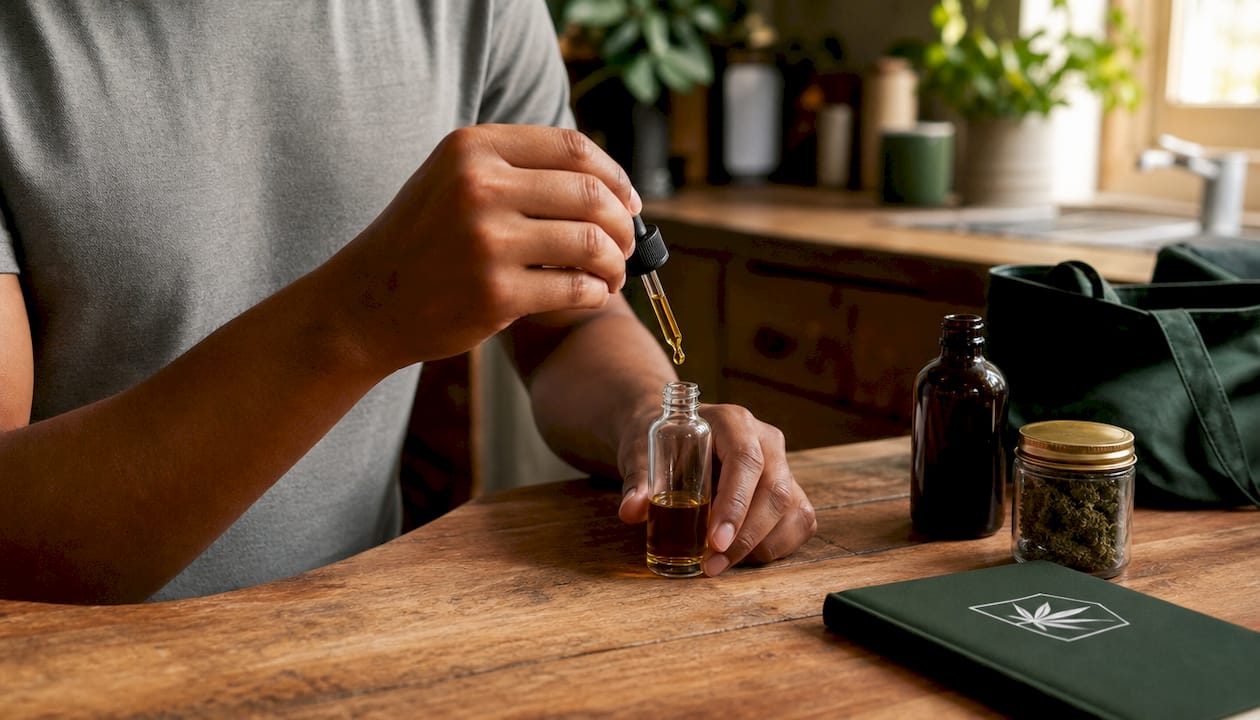 Hands measuring cannabis tincture with dropper