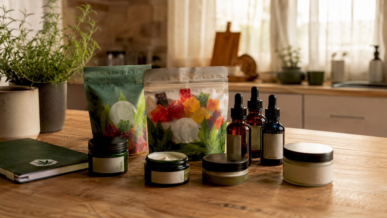 Cannabis recovery products variety on countertop