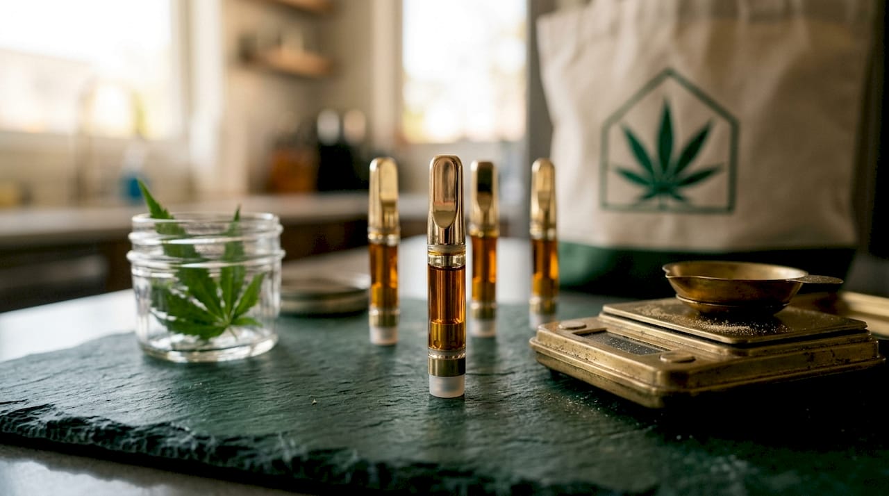 Close-up of distillate vape cartridges on marble countertop