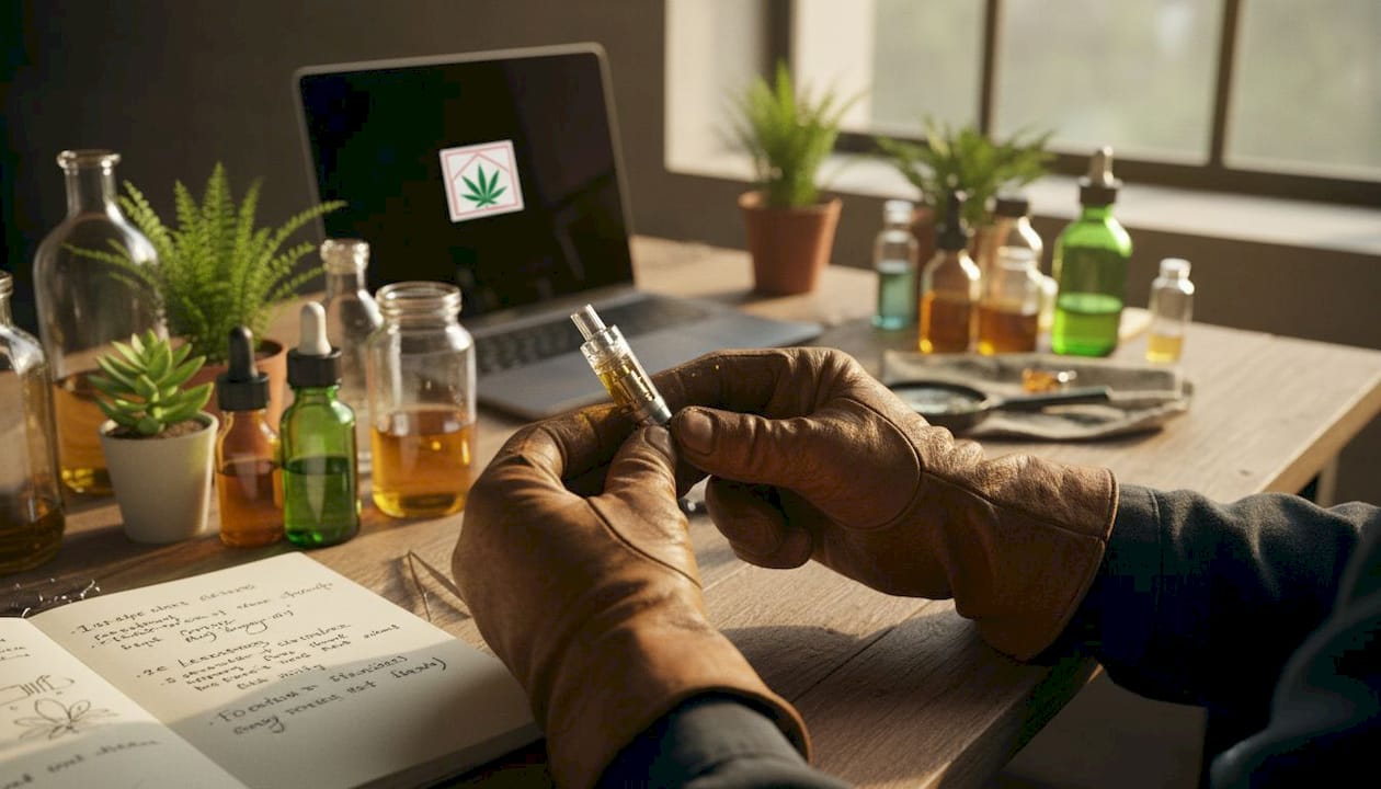 Hands inspecting vape cartridge hardware and tools
