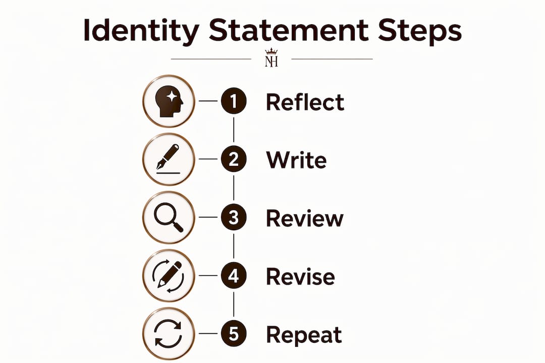 Infographic illustrating steps to write identity statements