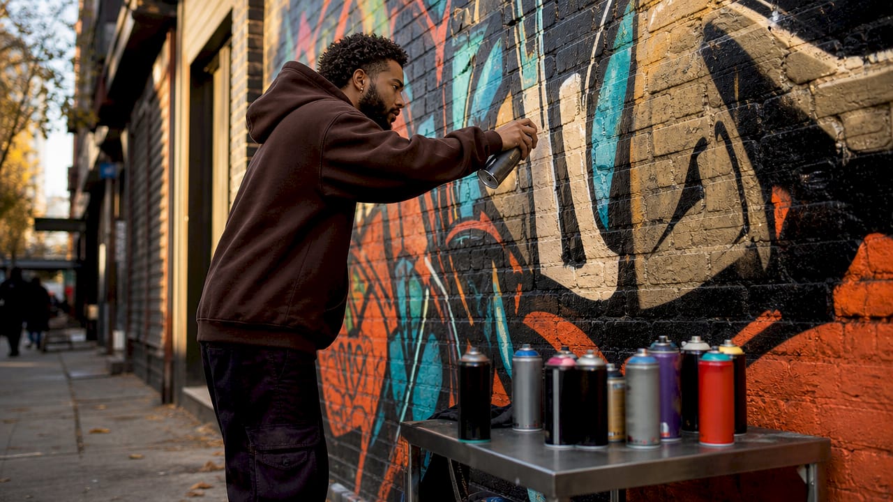 Artist spray-painting graffiti mural in alley