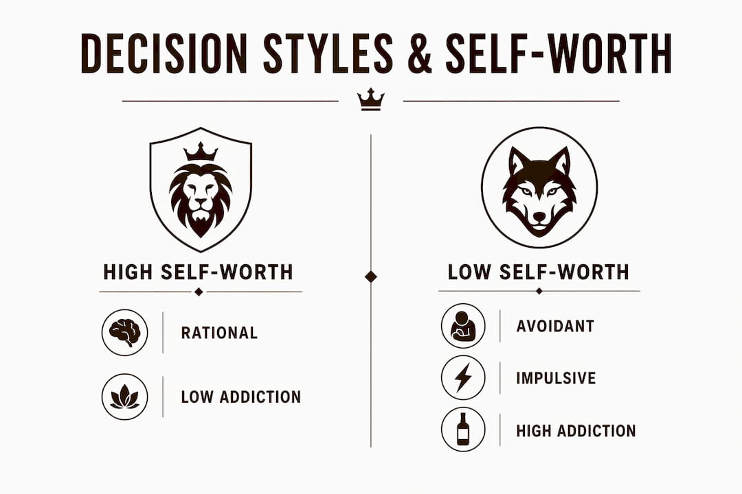 Infographic comparing decision styles by self-worth level