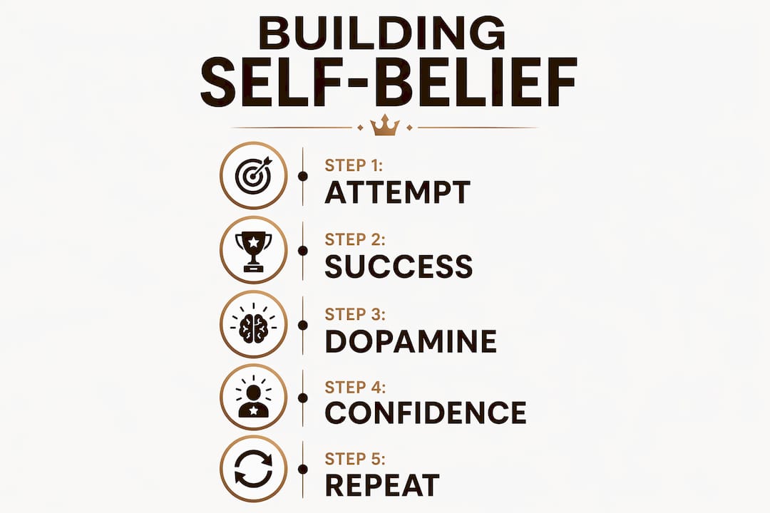 Infographic illustrating steps to build self-belief