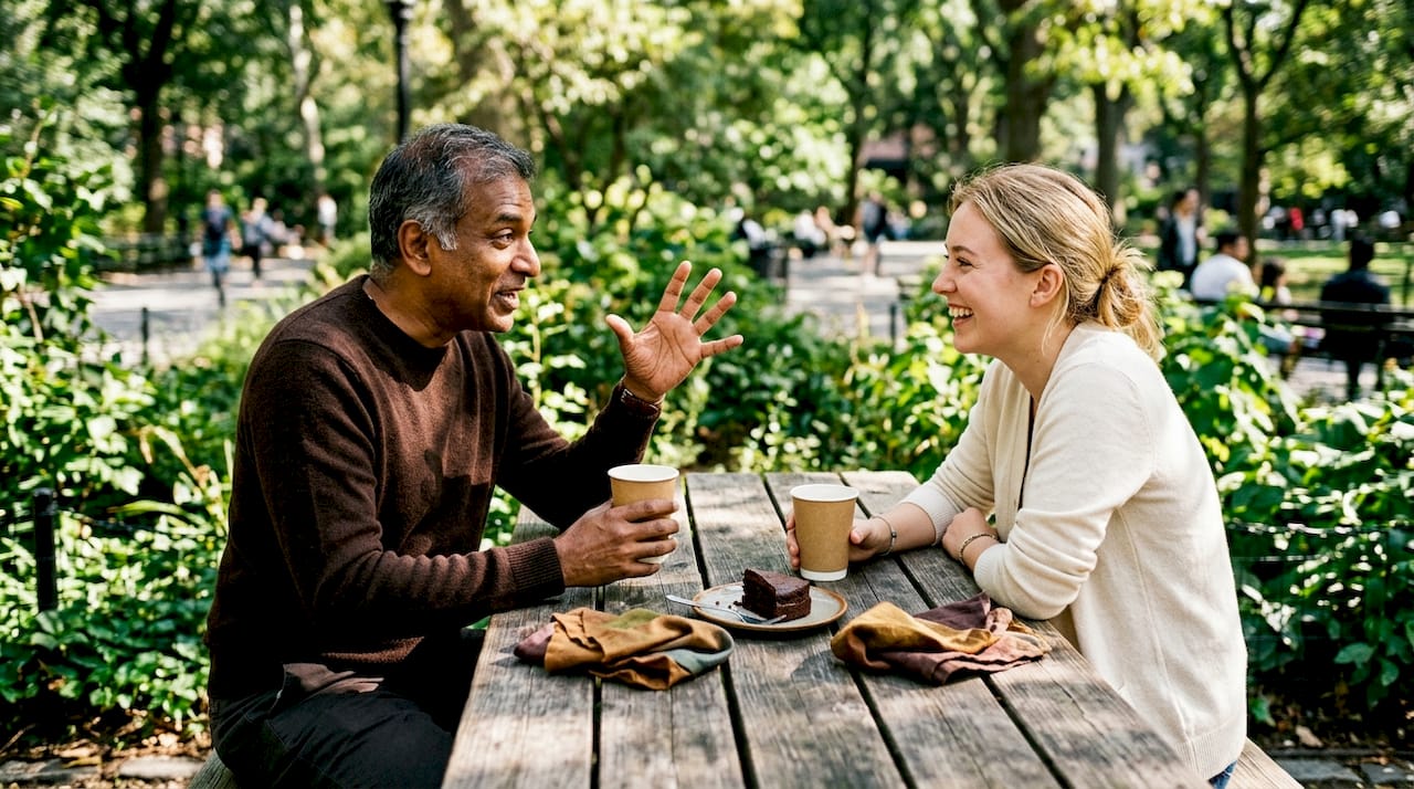 Two people discussing mindset over coffee