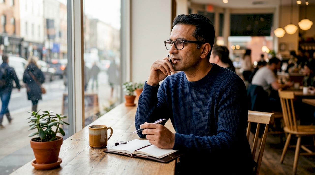 Man pausing thoughtfully at desk with notebook