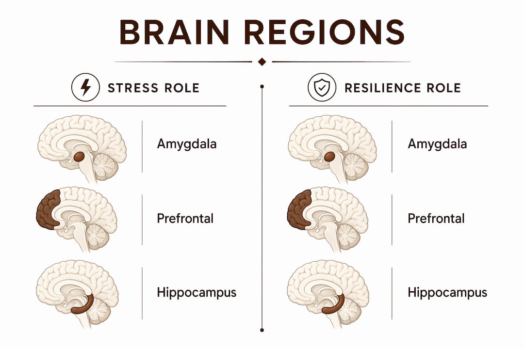 Infographic comparing brain regions roles in stress and resilience