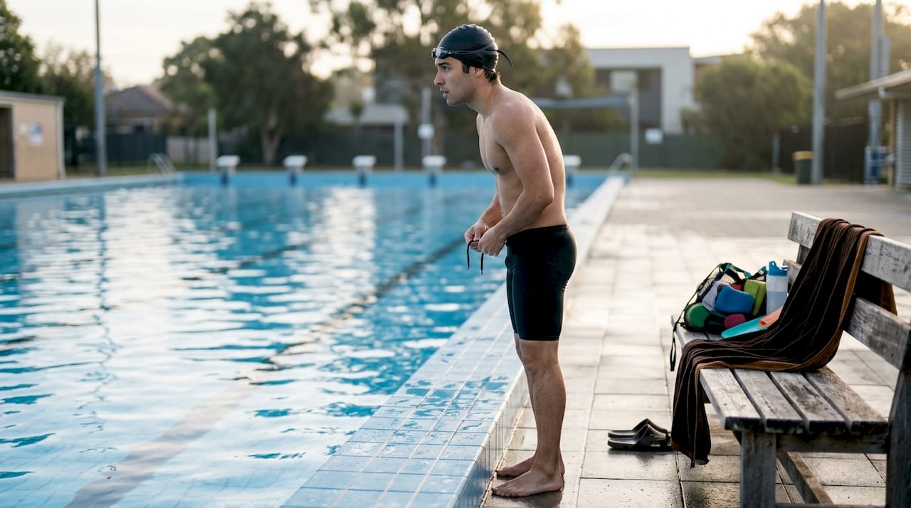 Competitive swimmer preparing at indoor pool
