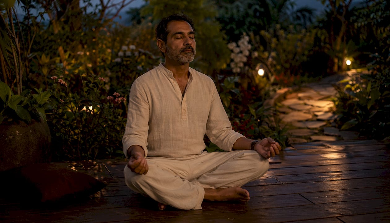 Man practicing mindfulness box breathing indoors