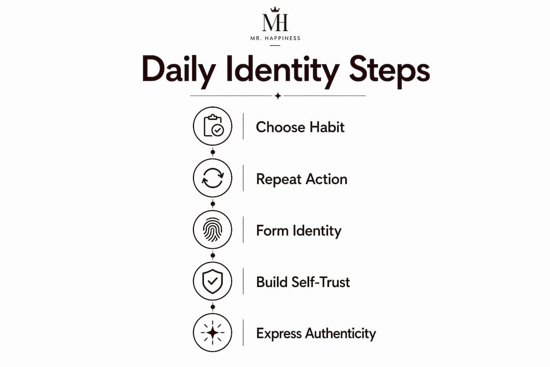 Infographic illustrating five steps shaping identity