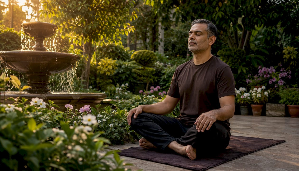 Man practicing box breathing calmly indoors