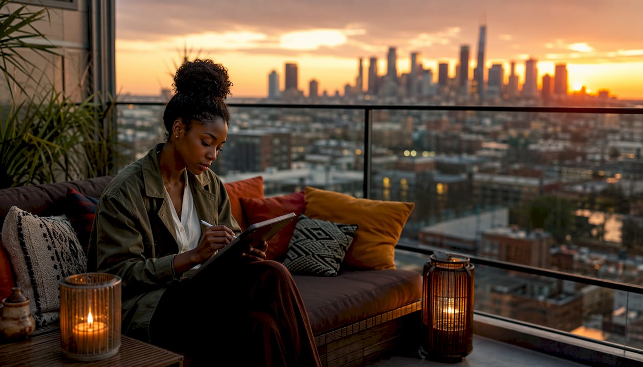 Young woman designing brand outdoors at sunset