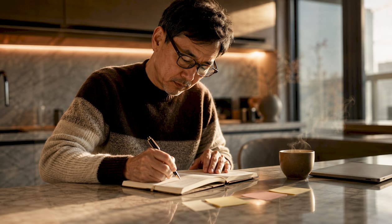 Man writing value affirmations in journal