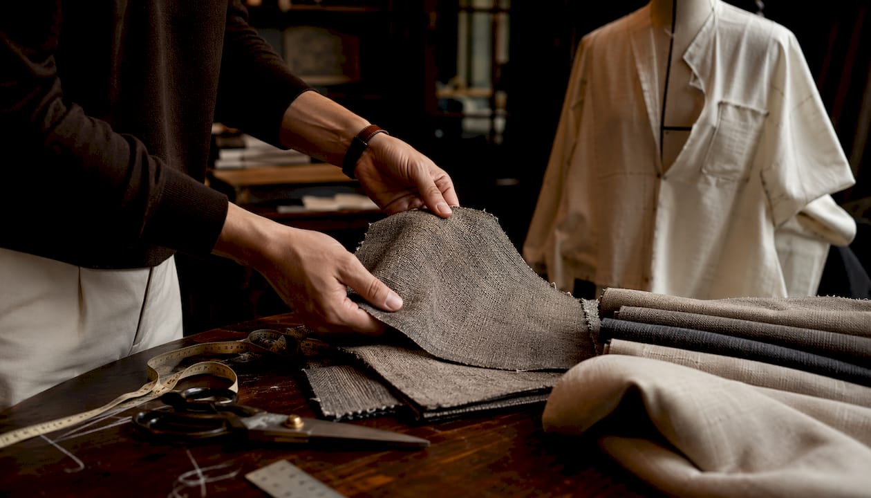 Tailor examining heavyweight fabric swatches closely