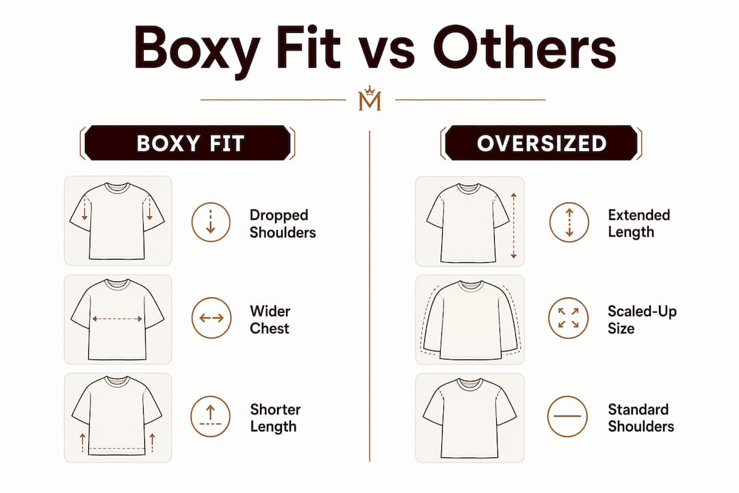 Infographic comparing boxy fit shirts with oversized and relaxed fits