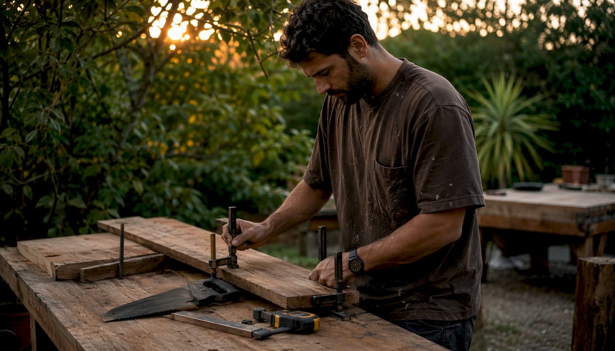 Craftsman wearing durable heavyweight T-shirt at workbench