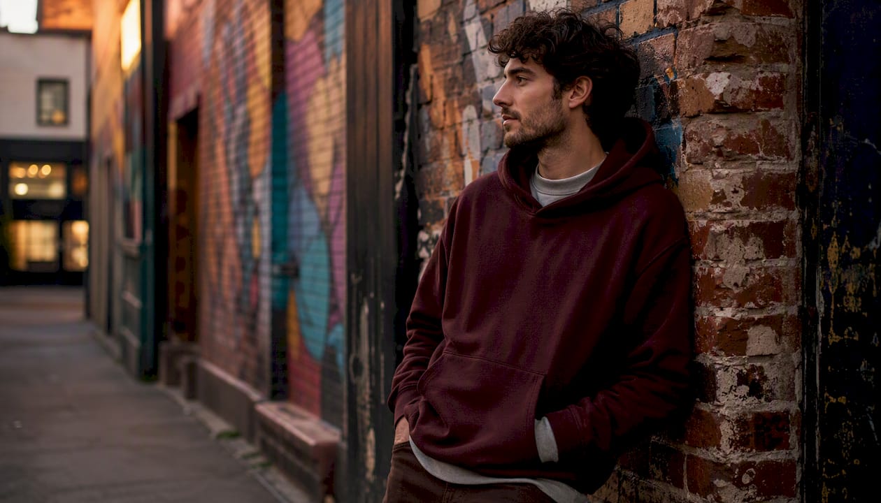 Man wearing layered hoodie and sweatshirt on rooftop