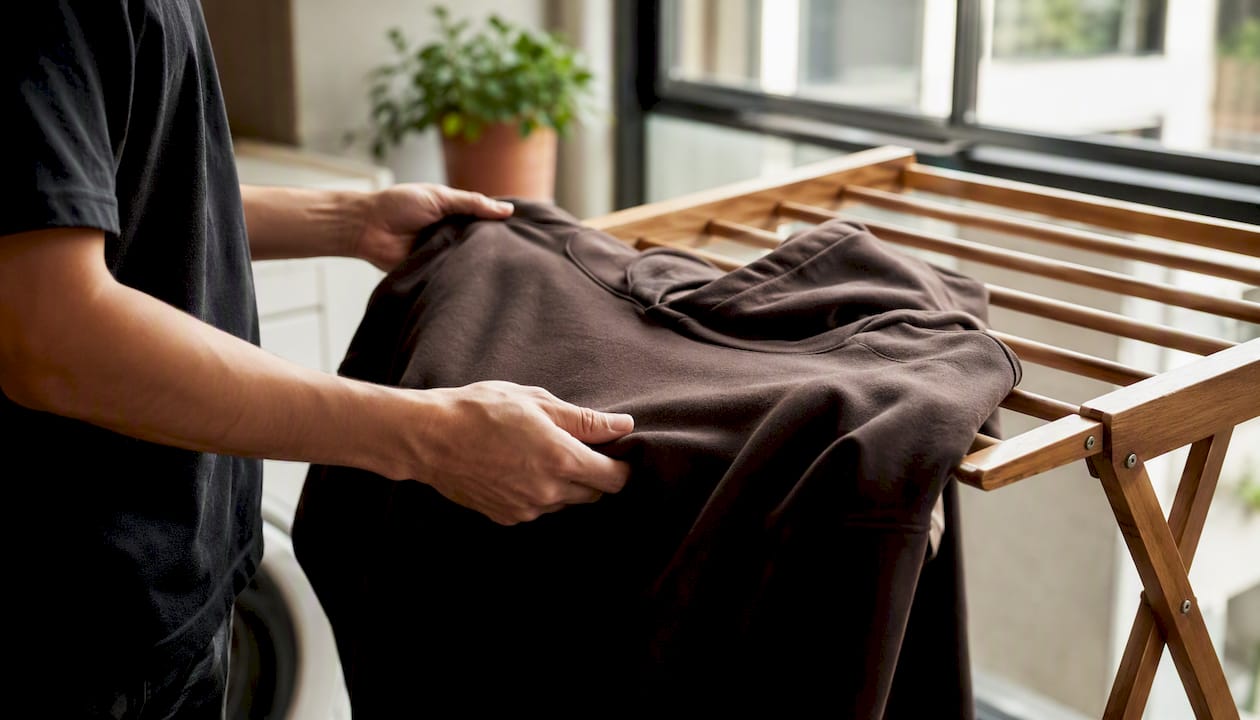 Hands turning cotton hoodie inside out for wash