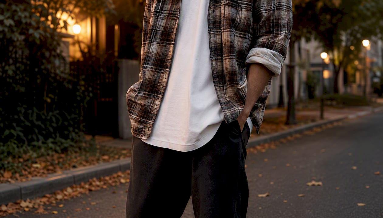 Casual layered outfit with oversized tee and flannel shacket