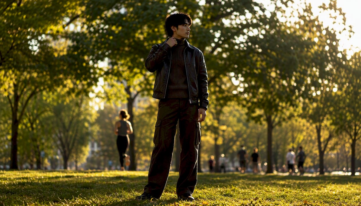 Slim jacket and wide-leg pants streetwear layering