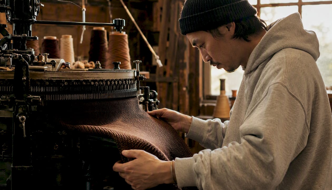 Craftsman using loopwheel knitting machine