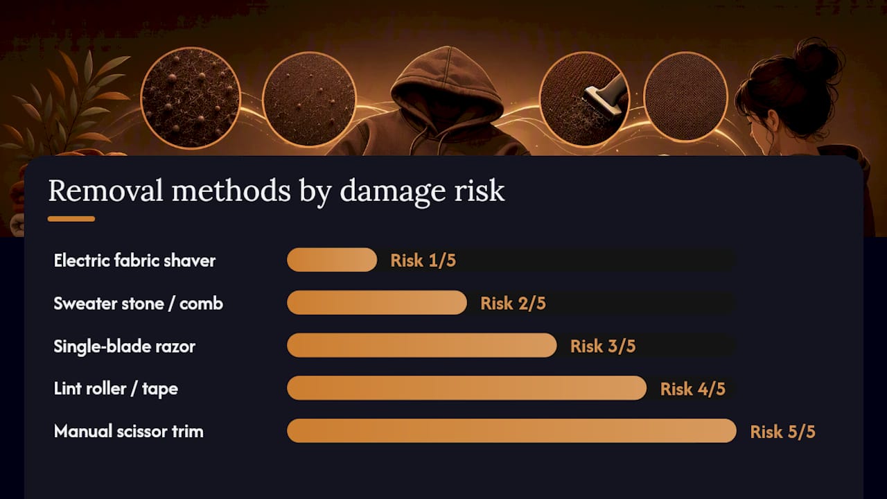 Comparison diagram of pilling removal methods by safety and effectiveness