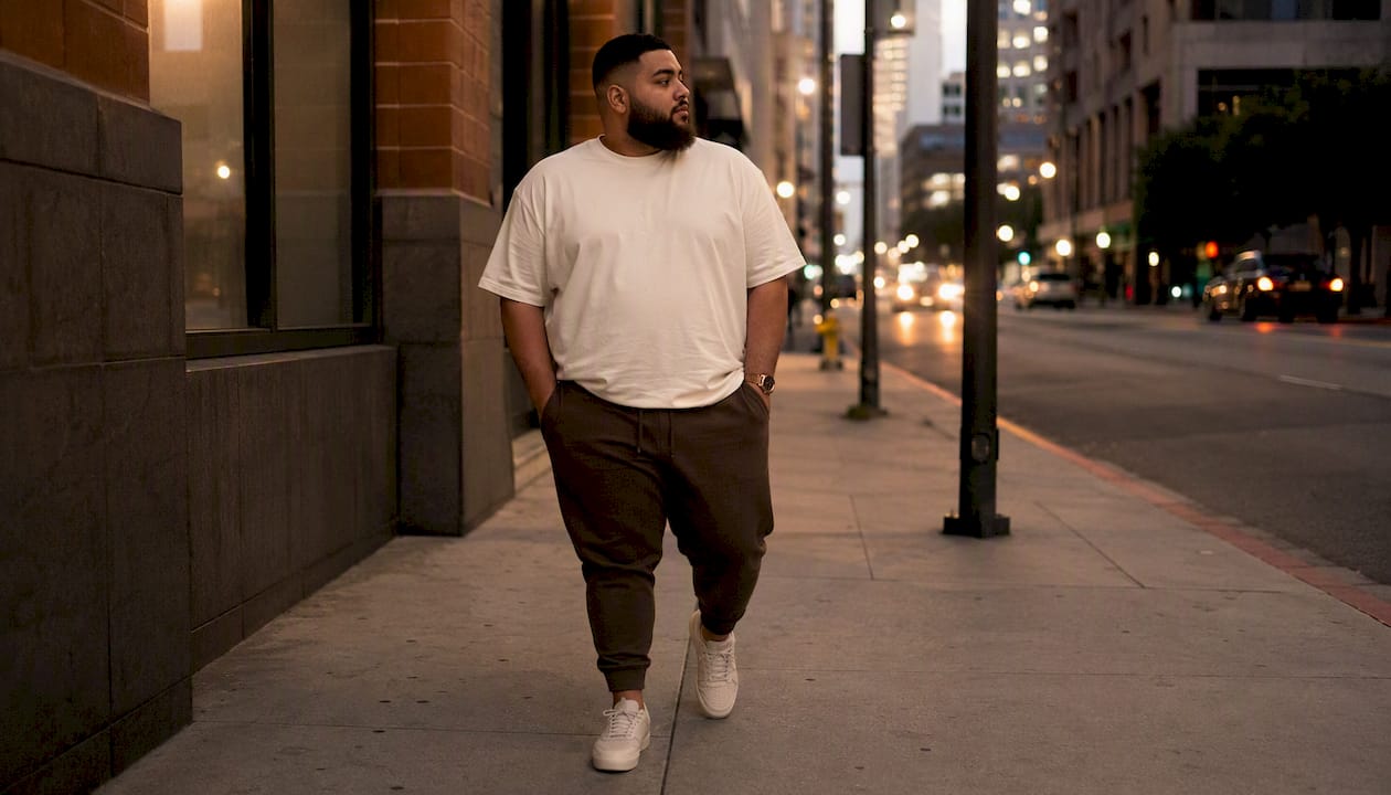 Plus-size man adjusting joggers waistband
