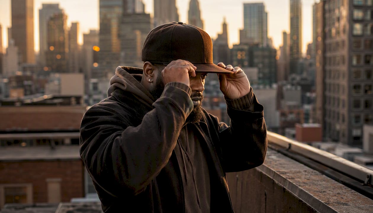 Man adjusting brim of structured cap outdoors