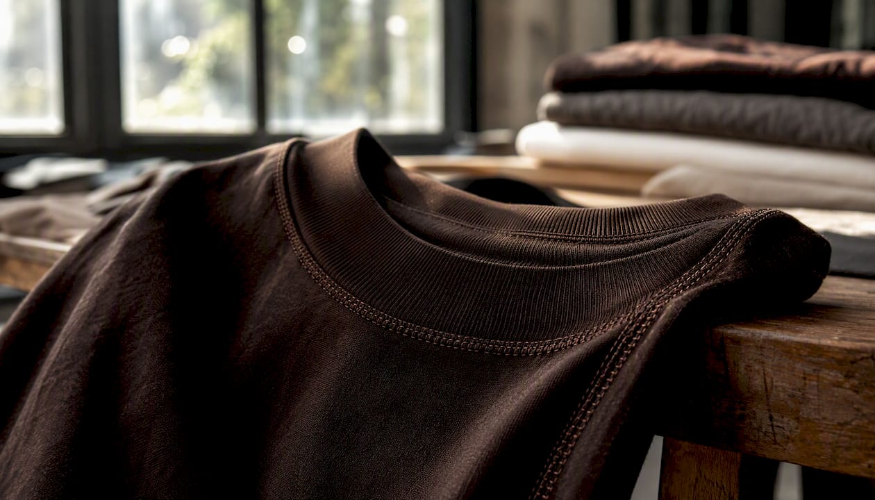 Close-up of reinforced T-shirt collar stitching