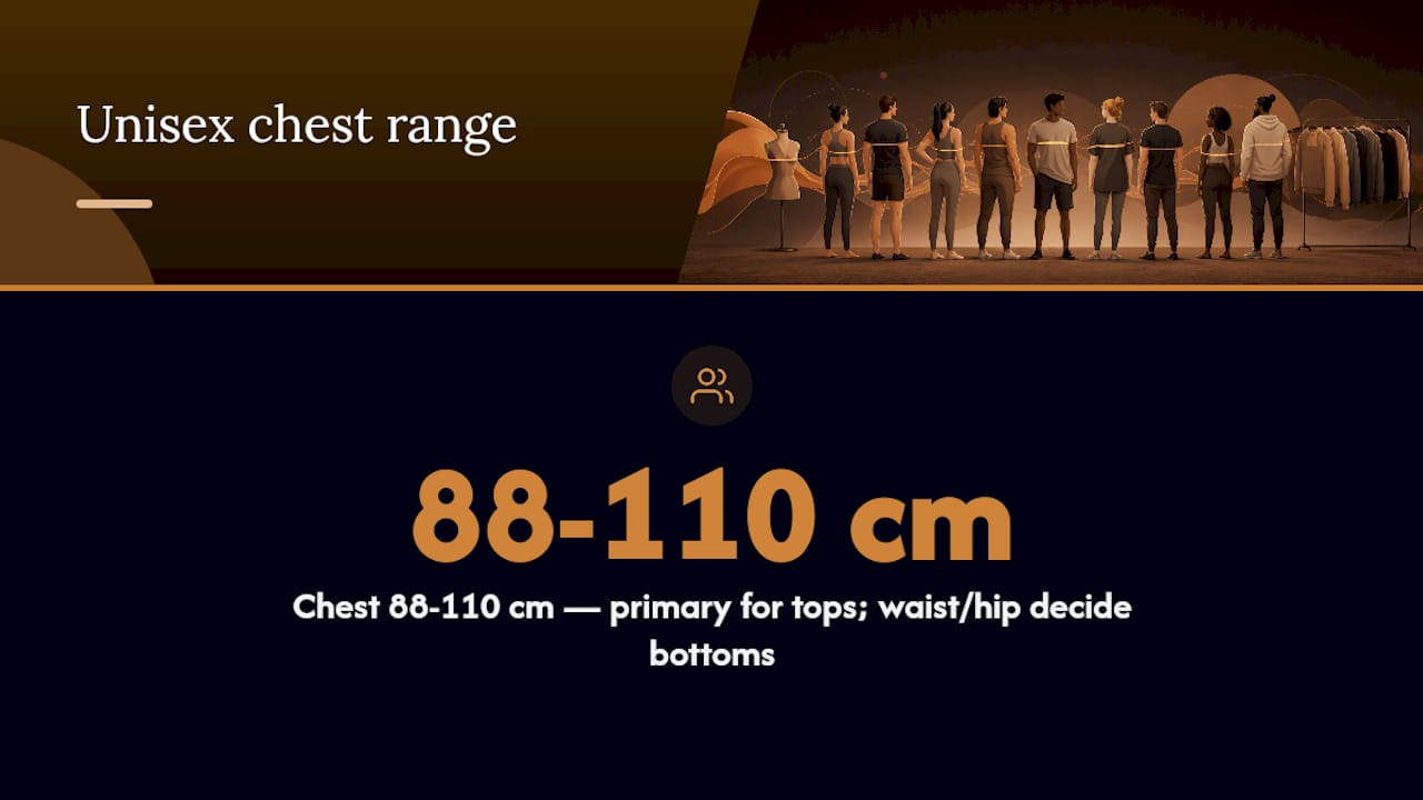 Unisex size chart with chest, waist, hip measurements