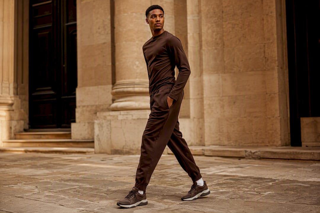 Tonal palette joggers streetwear outfit walking