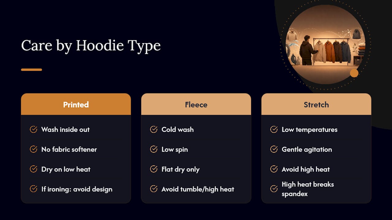 Diagram comparing hoodie fabric care instructions