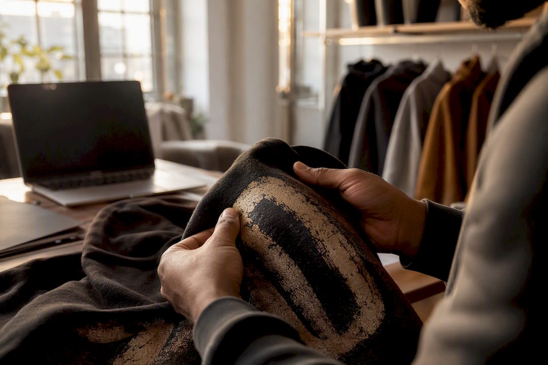 Close-up of hands inspecting printed hoodie fabric