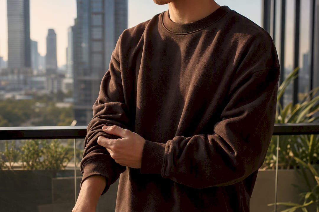 Model adjusting streetwear hoodie sleeve outdoors