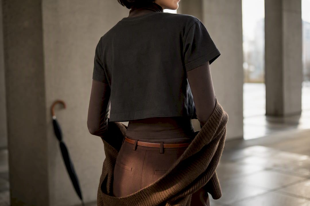 Cropped tee layered over a rollneck