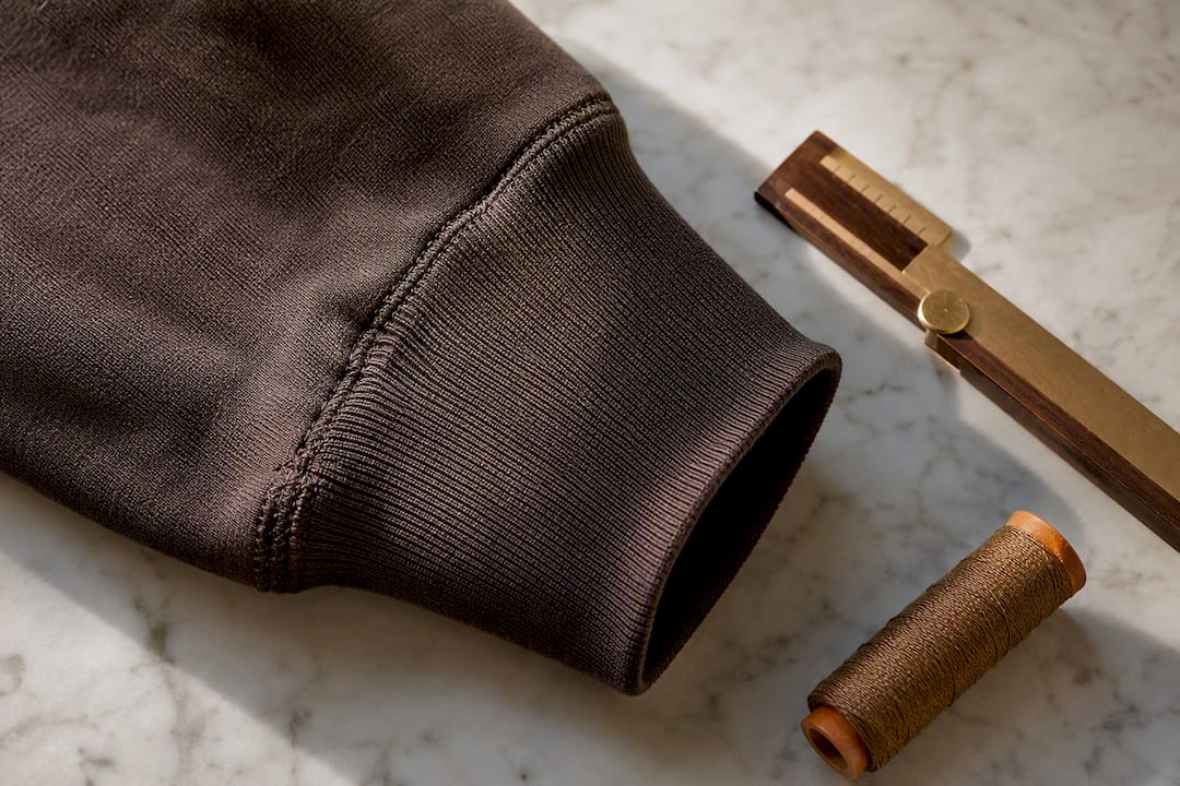 Ribbed cuff seam showing fabric puckering