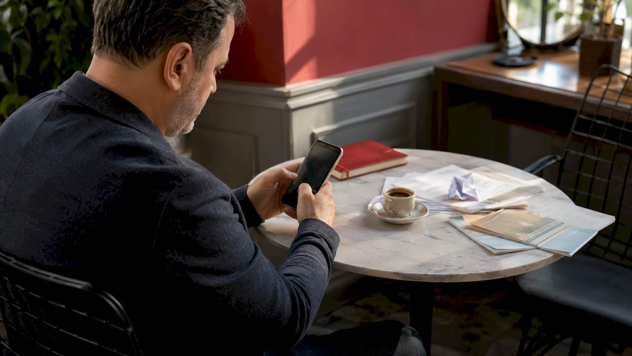 Bir adam, masasında otururken akıllı telefonundan vinyetinin geçerlilik durumunu kontrol ediyor.
