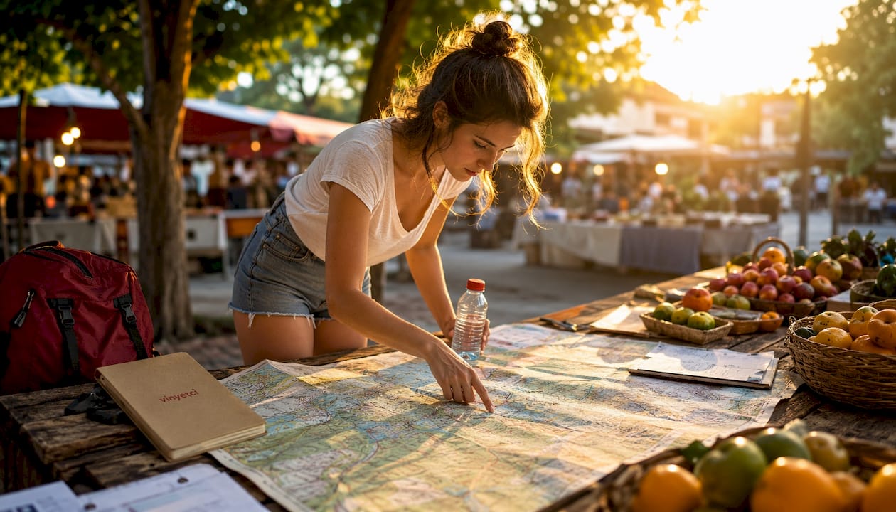 Piknik masasında haritayı işaret eden bir kadın