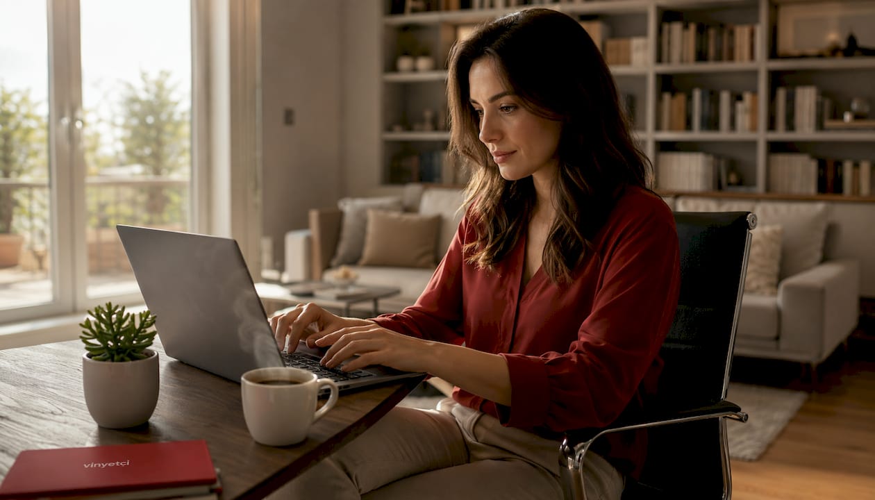 Bir kadın, ofisinde masa başında otururken güvenli bir şekilde online vinyet satın alıyor.