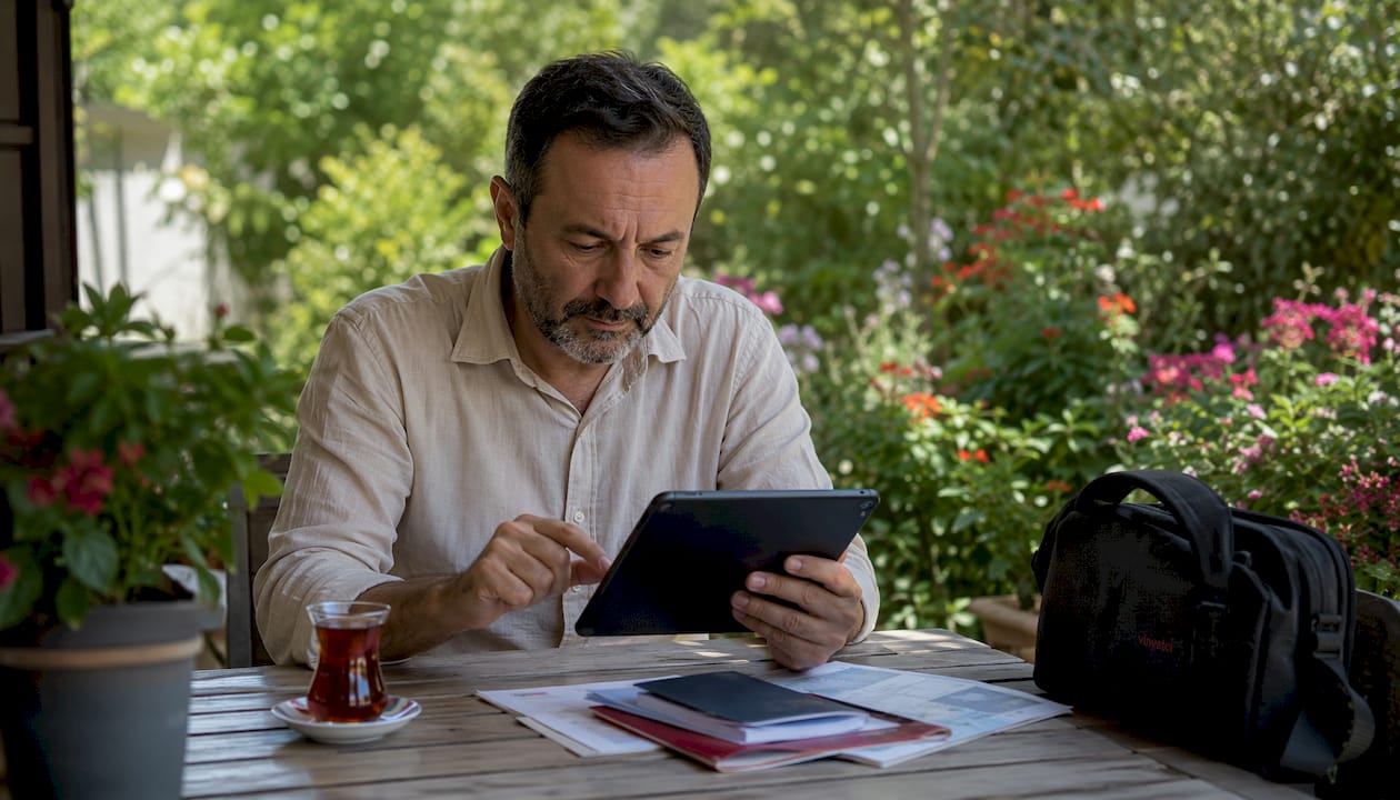 Bir adam tabletinden e-vinyet geçerliliğini kontrol ediyor.