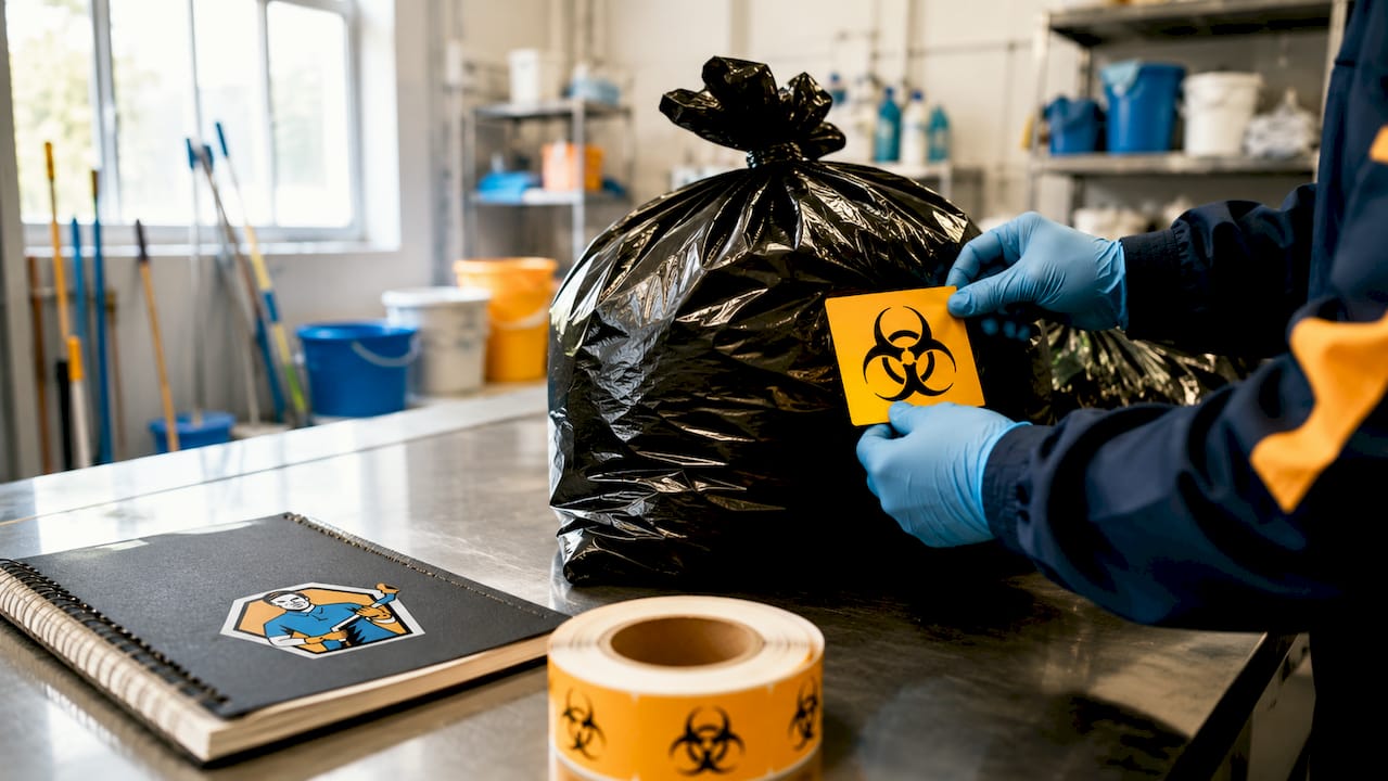 Met handschoenen aan worden zakken voor biologisch gevaar van een label voorzien.