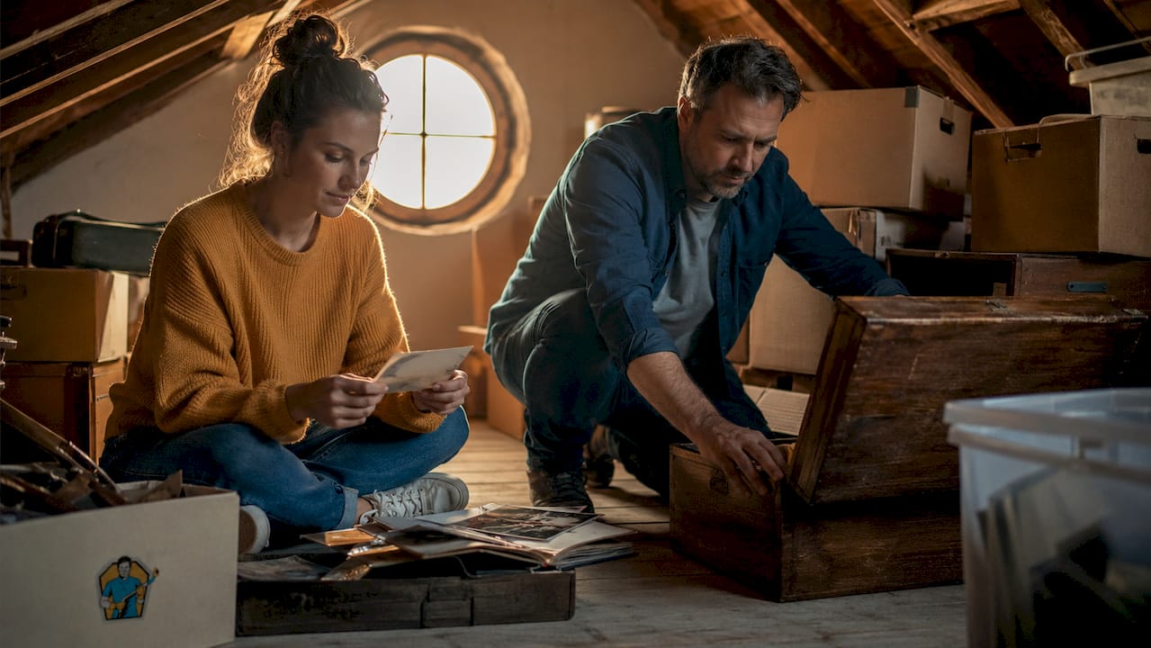 Twee mensen zijn bezig met het uitzoeken van spullen op de zolder van het ouderlijk huis.
