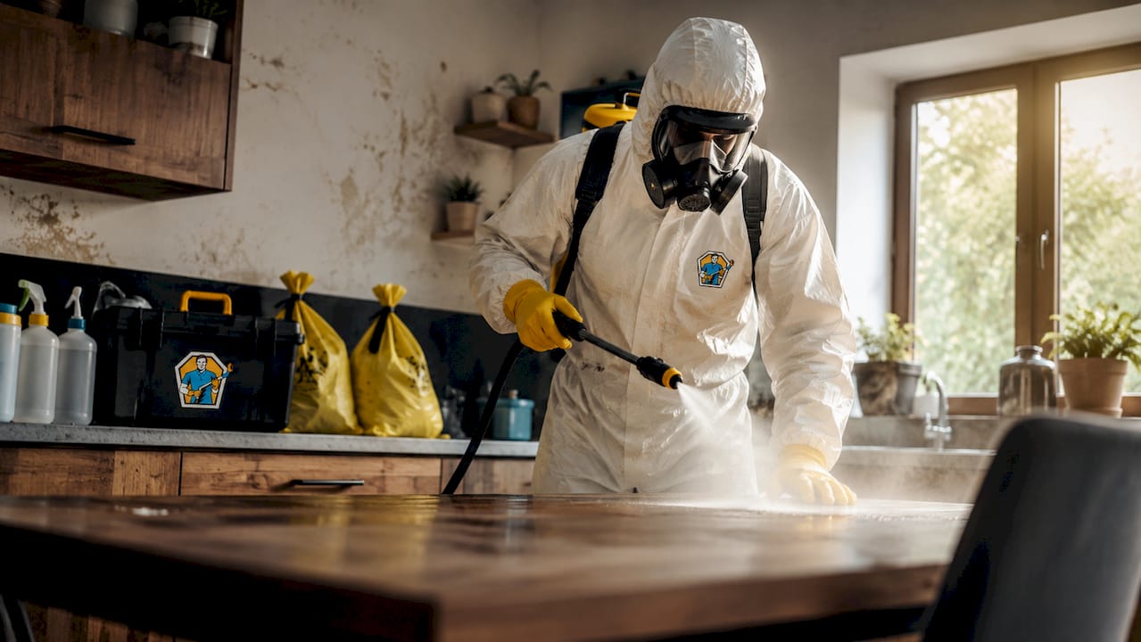 Een specialist is bezig met het schoonmaken van een ruimte waar een traumatische gebeurtenis heeft plaatsgevonden en gevaarlijke stoffen aanwezig zijn.