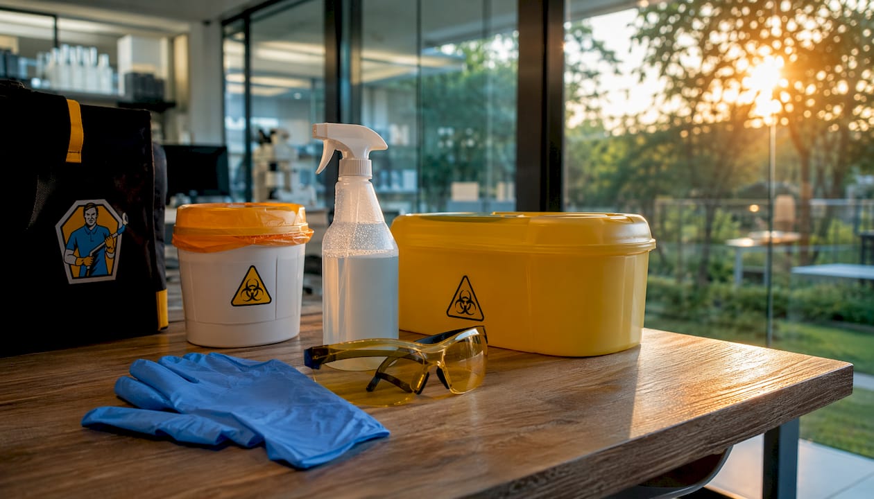 Detailopname van gereedschap gebruikt bij het schoonmaken van biohazard-ruimtes