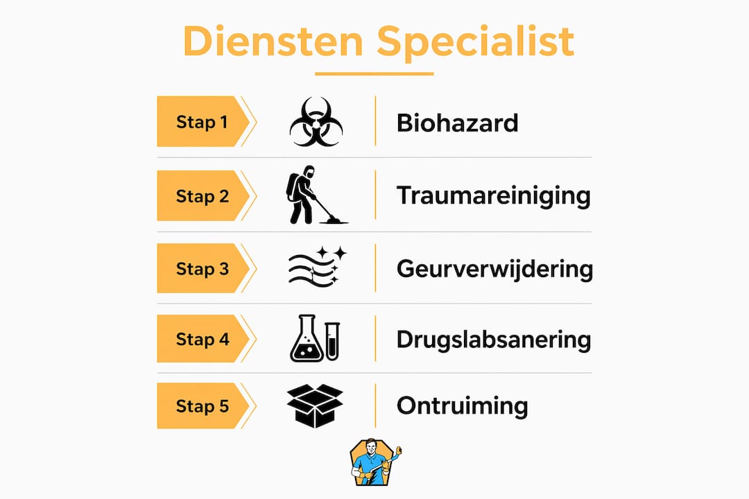 Overzichtelijke infographic met de verschillende stappen van onze dienstverlening