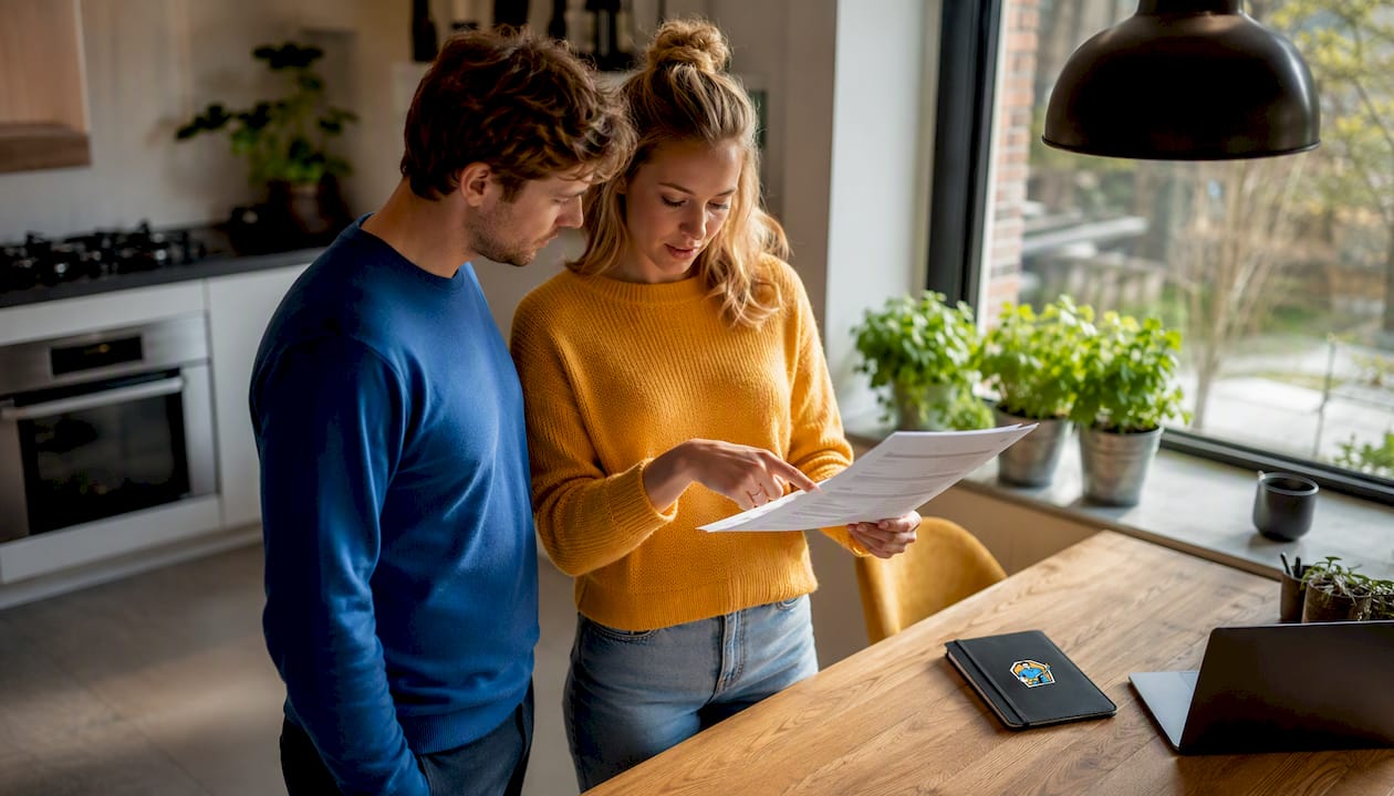 Een stel dat samen de bepalingen van hun huurcontract doorneemt en bespreekt.